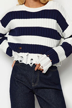 Stil Modern Kadın Crop Düşük Kol Bisiklet Yaka Geniş Kalıp Çizgili Triko Kazak