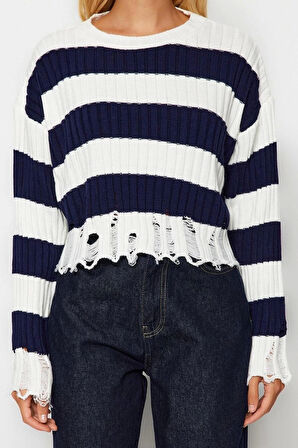 Stil Modern Kadın Crop Düşük Kol Bisiklet Yaka Geniş Kalıp Çizgili Triko Kazak