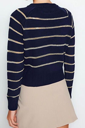 Kadın Modern Tarz Rahat Uzun Bisiklet Yaka Çizgili Kol Regular Triko Kazak