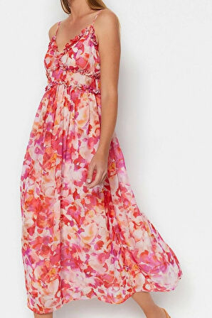 Moda Stil Regular V Yaka Maxi Boy Çiçek Desenli A-Kesim Fırfır Detaylı Astarlı Şifon Dokuma Elbise