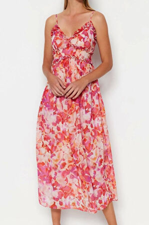 Moda Stil Regular V Yaka Maxi Boy Çiçek Desenli A-Kesim Fırfır Detaylı Astarlı Şifon Dokuma Elbise
