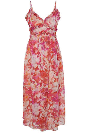 Moda Stil Regular V Yaka Maxi Boy Çiçek Desenli A-Kesim Fırfır Detaylı Astarlı Şifon Dokuma Elbise