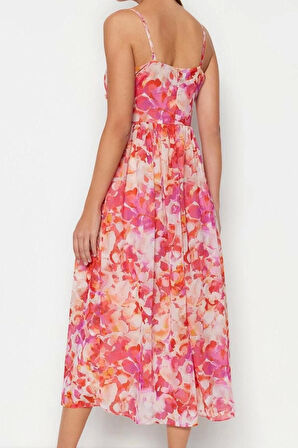 Moda Stil Regular V Yaka Maxi Boy Çiçek Desenli A-Kesim Fırfır Detaylı Astarlı Şifon Dokuma Elbise