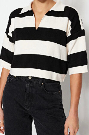 Kadın Modern Tarz Rahat Truvakar Kol Polo Yaka Çizgili Kol Crop Triko Kazak