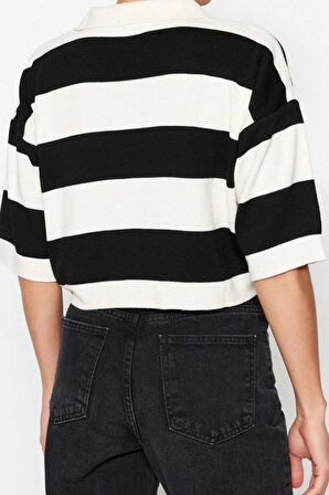 Kadın Modern Tarz Rahat Truvakar Kol Polo Yaka Çizgili Kol Crop Triko Kazak