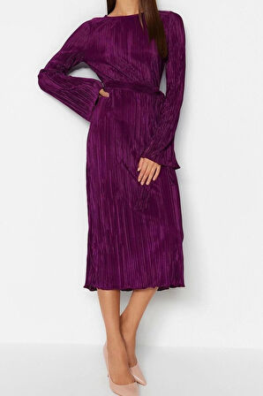 Moda Regular Gündüz Gece Pilise Örme Kayık Yaka Uzun Kol A-Line Midi Boy Elbise