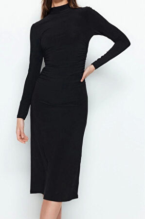 Moda Stil Slim Dik Yaka Midi Boy Düz Drape Detaylı A-Line Esnek Örme Örme Elbise