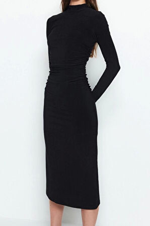 Moda Stil Slim Dik Yaka Midi Boy Düz Drape Detaylı A-Line Esnek Örme Örme Elbise