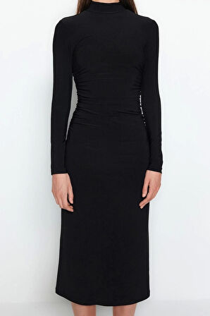 Moda Stil Slim Dik Yaka Midi Boy Düz Drape Detaylı A-Line Esnek Örme Örme Elbise