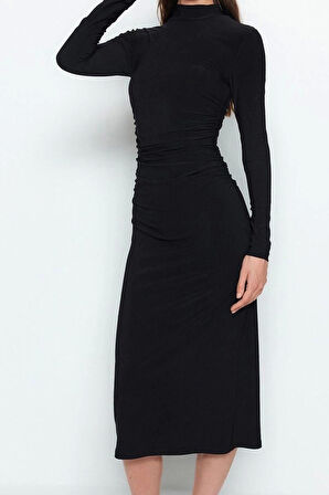 Moda Stil Slim Dik Yaka Midi Boy Düz Drape Detaylı A-Line Esnek Örme Örme Elbise