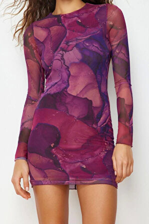 Moda Stil Slim Bisiklet Yaka Mini Boy Baskılı Tül Fitted Vücuda Oturan Esnek Örme Elbise