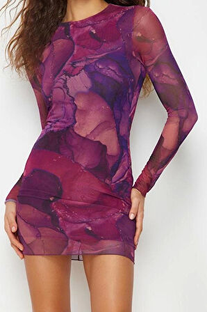 Moda Stil Slim Bisiklet Yaka Mini Boy Baskılı Tül Fitted Vücuda Oturan Esnek Örme Elbise
