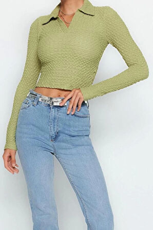 Stil Kadın Dokulu Kumaş Fitted Vücuda Oturan Bluz Crop Örme Slim Kalıp