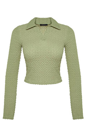 Stil Kadın Dokulu Kumaş Fitted Vücuda Oturan Bluz Crop Örme Slim Kalıp
