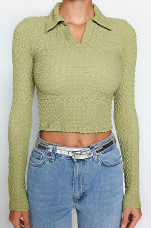 Stil Kadın Dokulu Kumaş Fitted Vücuda Oturan Bluz Crop Örme Slim Kalıp