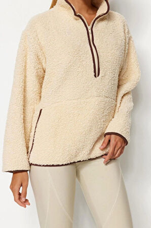 Tarz Regular Dik Yaka Düşük Kol Regular Peluş Örme Spor Sweatshirt