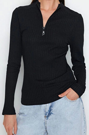 Stil Kadın Fitted Vücuda Oturan Fitilli Esnek Bluz Regular Örme Regular Kalıp