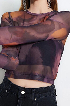 Stil Kadın Baskılı Tül Fitted Vücuda Oturan Esnek Bluz Crop Örme Slim Kalıp