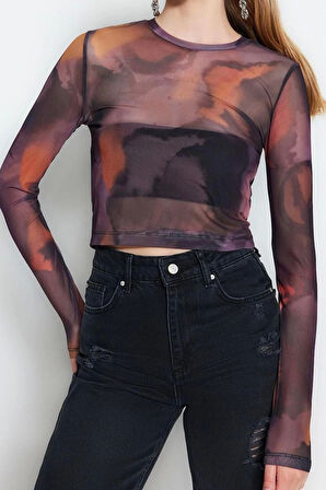 Stil Kadın Baskılı Tül Fitted Vücuda Oturan Esnek Bluz Crop Örme Slim Kalıp
