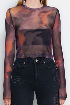 Stil Kadın Baskılı Tül Fitted Vücuda Oturan Esnek Bluz Crop Örme Slim Kalıp