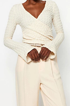 Moda Kruvaze Örme Regular Düz Desen Casual Günlük Crop Uzun Kol Bluz