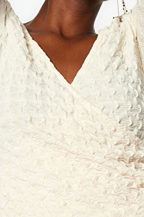 Moda Kruvaze Örme Regular Düz Desen Casual Günlük Crop Uzun Kol Bluz