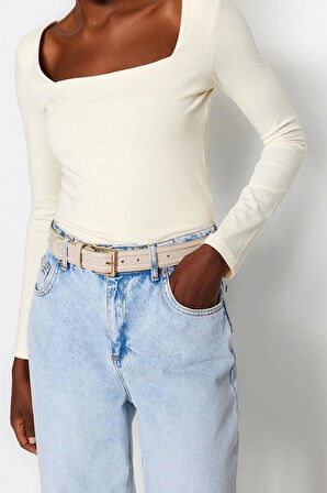 Moda Kare Yaka Örme Slim Düz Desen Casual Günlük Regular Uzun Kol Bluz