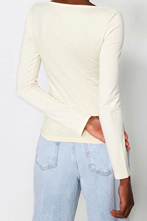 Moda Kare Yaka Örme Slim Düz Desen Casual Günlük Regular Uzun Kol Bluz