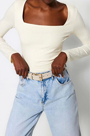 Moda Kare Yaka Örme Slim Düz Desen Casual Günlük Regular Uzun Kol Bluz