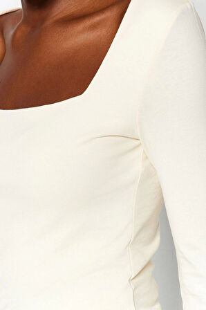 Moda Kare Yaka Örme Slim Düz Desen Casual Günlük Regular Uzun Kol Bluz