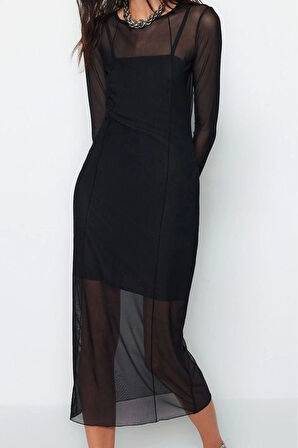 Moda Stil Slim Bisiklet Yaka Midi Boy Tül Astarlı Vücuda Oturan Örme Elbise