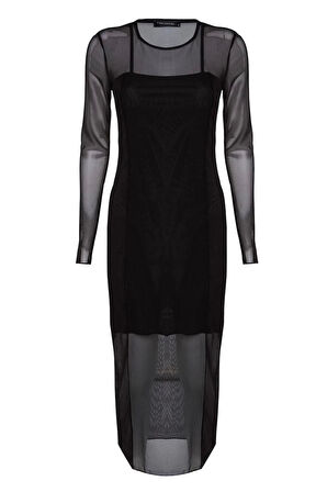 Moda Stil Slim Bisiklet Yaka Midi Boy Tül Astarlı Vücuda Oturan Örme Elbise