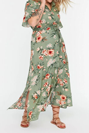 Moda Rahat Casual Günlük Shally Dokuma Gömlek Yaka Kısa Kol A-Line Maxi Boy Büyük Beden Elbise