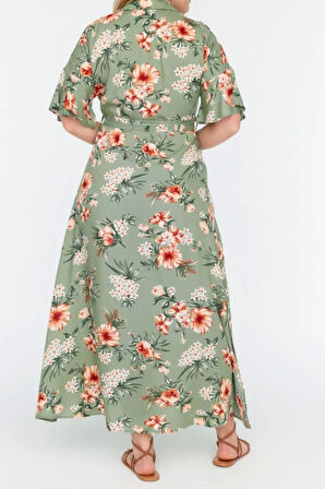 Moda Rahat Casual Günlük Shally Dokuma Gömlek Yaka Kısa Kol A-Line Maxi Boy Büyük Beden Elbise