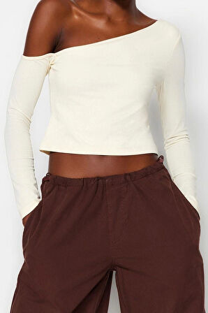 Moda Asimetrik Yaka Örme Slim Düz Desen Casual Günlük Crop Uzun Kol Bluz