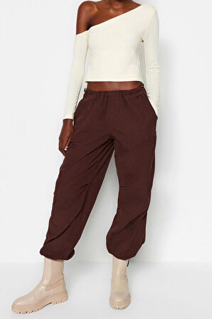 Moda Asimetrik Yaka Örme Slim Düz Desen Casual Günlük Crop Uzun Kol Bluz