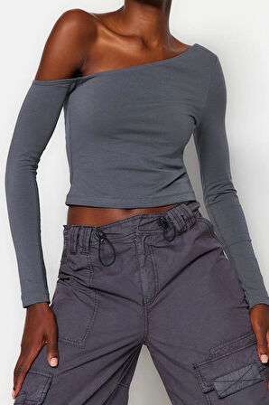 Moda Asimetrik Yaka Örme Slim Düz Desen Casual Günlük Crop Uzun Kol Bluz