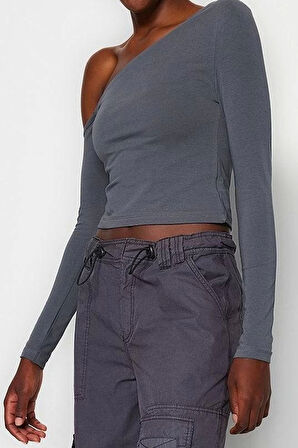 Moda Asimetrik Yaka Örme Slim Düz Desen Casual Günlük Crop Uzun Kol Bluz