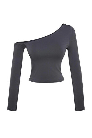 Moda Asimetrik Yaka Örme Slim Düz Desen Casual Günlük Crop Uzun Kol Bluz
