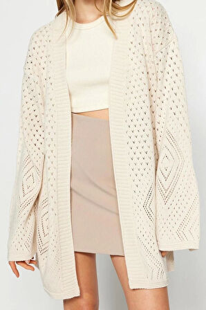 Kadın Modern Tarz Rahat Uzun V Yaka Ajurlu Kol Midi Triko Hırka