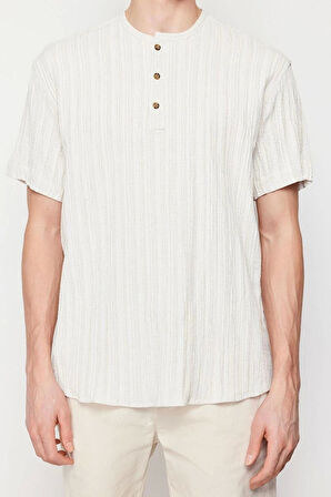 Moda Erkek Bisiklet Yaka Düz Desen Günlük Keten İçerikli Oversize Fit Gömlek