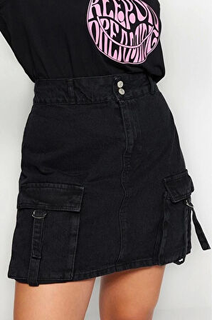 Moda Büyük Beden Regular Düz Desen Günlük Mini Boy Kargo Cepli Denim Etek