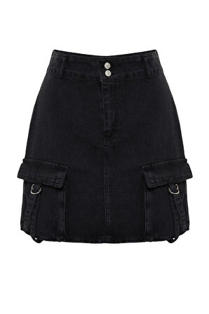 Moda Büyük Beden Regular Düz Desen Günlük Mini Boy Kargo Cepli Denim Etek