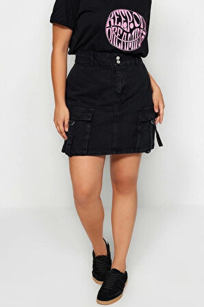 Moda Büyük Beden Regular Düz Desen Günlük Mini Boy Kargo Cepli Denim Etek