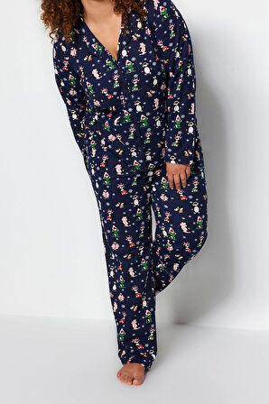 Tarz Rahat Büyük Beden Uzun Kollu Boru Paça Yılbaşı Temalı Örme Pijama Takımı