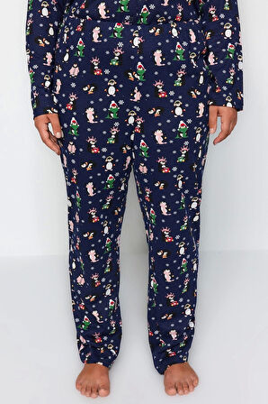 Tarz Rahat Büyük Beden Uzun Kollu Boru Paça Yılbaşı Temalı Örme Pijama Takımı