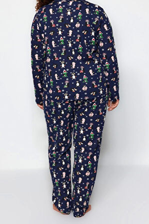 Tarz Rahat Büyük Beden Uzun Kollu Boru Paça Yılbaşı Temalı Örme Pijama Takımı