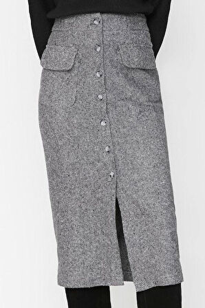 Modern Tarz Astarsız Dokuma Midi Boy Cep Detaylı Düğmeli Kaşe Kumaş Midi Dokuma Etek