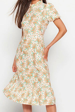 Moda Stil Regular Dik Yaka Midi Boy Çiçek Desenli A Kesim Volanlı Astarlı Dokuma Elbise