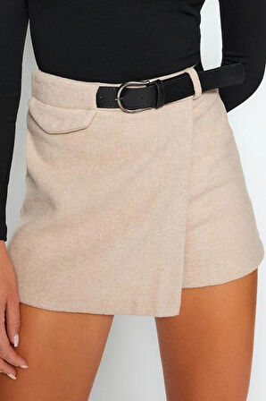 Moda Dokuma Yüksek Bel Boru Paça Business Antrasit Kemer Detaylı Dokuma Şort Etek